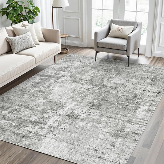 Soalmost Abstract Rug 5x7 Machine Washable Area Indoor Grey White Low Pile Non-Slip Foldable Thin Accent Rugs for Bedroom Living Room Dining Room