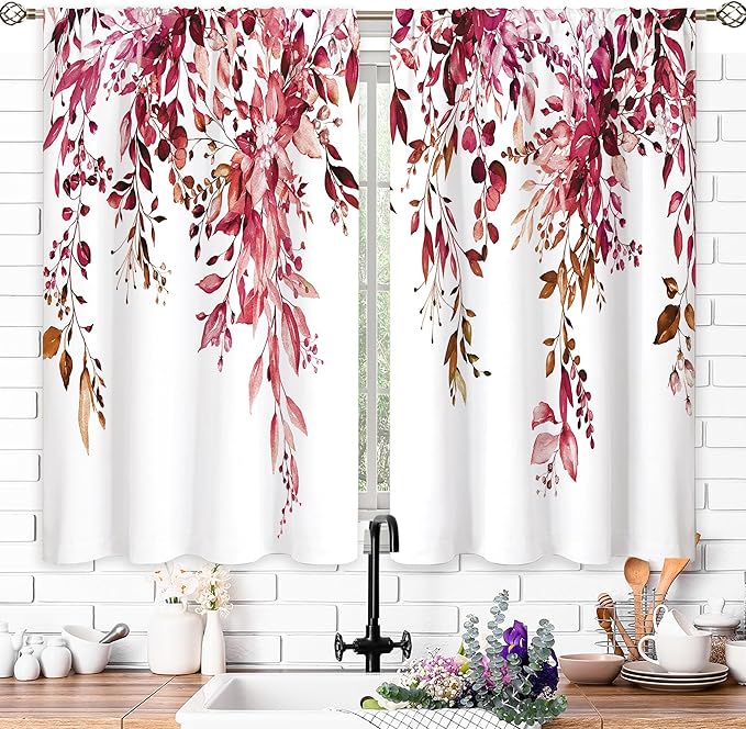 Burgundy Eucalyptus Small Kitchen Curtains Watercolor Red Leaves Window Treatment Flower Floral Plant Botanical Cafe Short Curtains for Bathroom Dining Fall Tier Treatment Drapes 26x36 inch