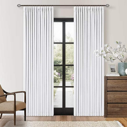 Snow White Pleated Linen Blackout Curtains 84 Inches Long for Bedroom Living Room Pinch Pleat Black Out Thermal Insulated Ring Hooks Back Tab Room Darkening Elegant Drapes Window Curtains with Liner