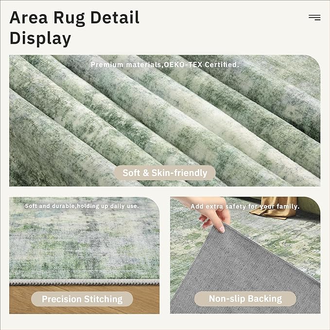 Soalmost 9x12 Area Rugs for Living Room, Non-Slip Machine Washable Vintage Rugs, Abstract Low Pile Lightweight Large Rug for Bedroom, Dining Room, Home Office Green Ivory