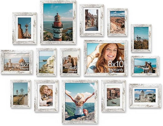 Vittanly 15 Pack Picture Frames Collage Wall Decor for Mounting or Tabletop Display, Gallery Frame Set for Family, Multi Sizes Including 3pcs 8x10, 6pcs 5x7, 6pcs 4x6, Distressed White