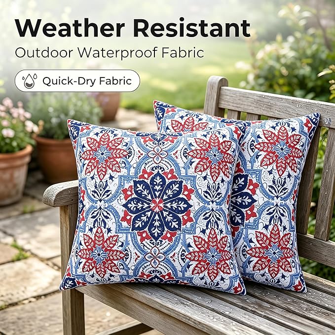 JMGBird Water-Resistant Outdoor Pillows Set of 2, 18x18 inch Durable White with Red Mandala Flower Throw Pillows with Inserts for Patio Furniture