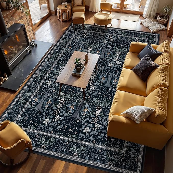 Joydeco Washable 9x12 Area Rugs for Living Room, Large Non Slip Vintage Floral Rug, Boho Bedroom Mats Under Bed, Soft Ultra-Thin Throw Carpet for Dining Room Apartment, Black-Blue