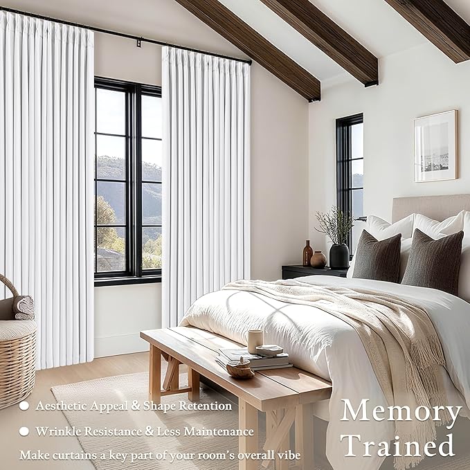 Snow White Pinch Pleated Blackout Linen Curtains 86 Inches Long for Bedroom Pleated 100% Black Out Drapes with Liner Modern Farmhouse Extra Long 86 Inch Window Curtain Panel for Living Dining Room