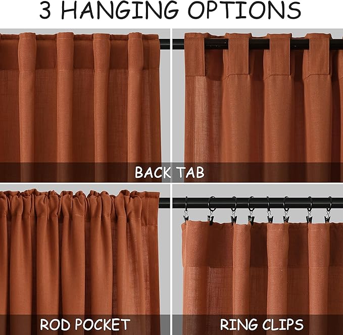 Terracotta Linen Curtains 84 inches Long 2 Panel Set Back Tab Rod Pocket Rustic Farmhouse Boho Curtains for Living Room Semi Sheer Brick Burnt Orange Bohemian Fall Decor for Dining Room Rust