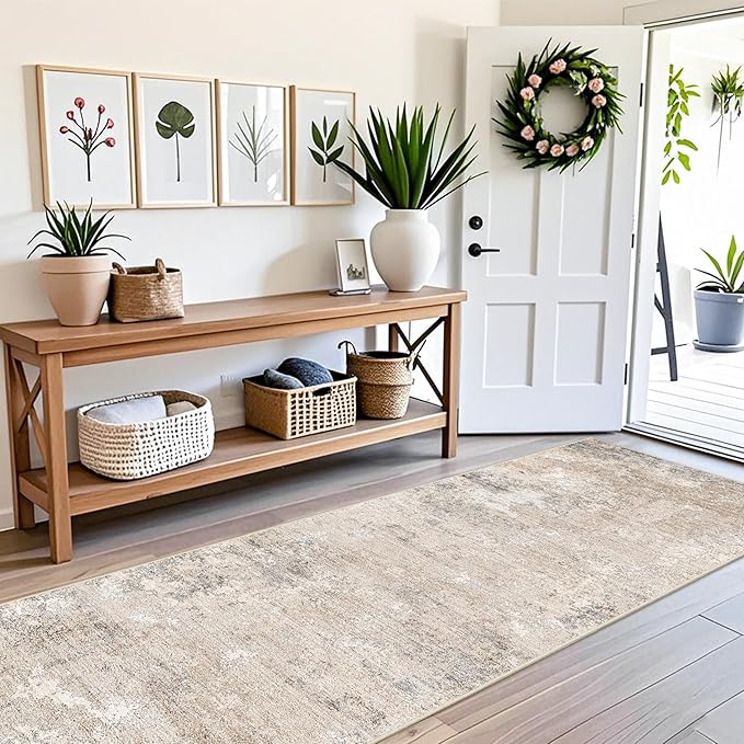 2x10 Washable Hallway Runner Rug – Non-Slip Long Carpet Runner for Kitchen Entryway Bedroom Living Room Bathroom,Stain-Resistant Low-Pile Modern Abstract Neutral (Beige Grey,2x10)