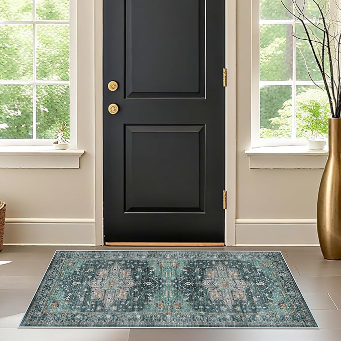 Living Room 2x5 Runner Rugs - Boho Rugs for Living Room Stain Resistant Carpet Vintage Tribal Rugs for Bedroom Kitchen Bathroom with Non Slip Backing Home Decor Floor Decoration Mat 2x5 Teal