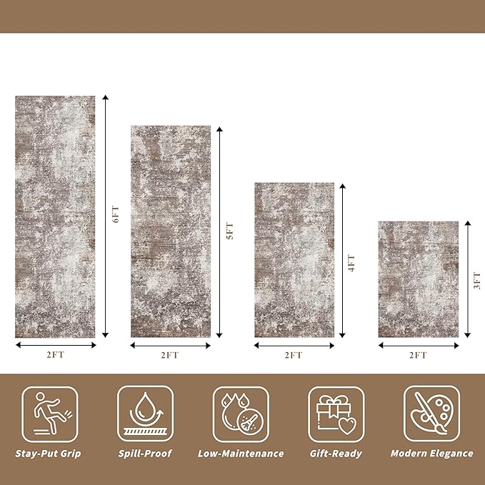 4-Piece Kitchen Rug Set with Runner – Washable Non-Slip Floor Mats for Sink,Entryway,Hallway,Bathroom – Modern Abstract Neutral Soft Throw Rugs(Brown Beige,2x3+2x4+2x5+2x6)