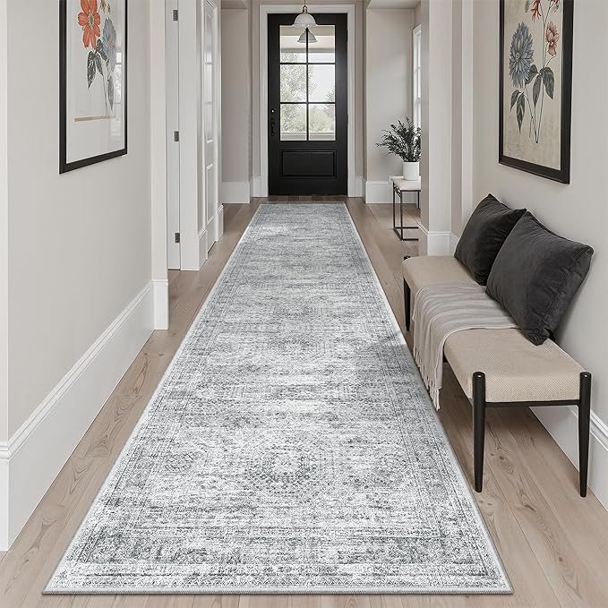 Soalmost Runner Rug 2'6" x 10' Washable Non-Slip Runner Rugs for Kitchen Bathroom Laundry Room Vintage Ultra Thin Runners for Hallway Entryway Grey