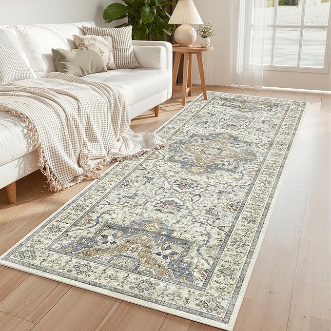 Washable Hallway Runner Rug - 3x8 Floor Carpet Rug Distressed Low Pile Mats Non Slip Soft Rugs for Dining Room with Rubber Backing Bedroom Runner with Vintage Design (Beige/Blue 3x8)