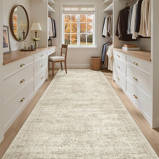 Soalmost 4x10 Wide Hallway Runner Rug: Washable Soft Rug Runners for Living Room Bedroom Ktichen, Stain Resistant Low Pile Area Rugs Non Slip Floor Carpet (Beige, 4x10)