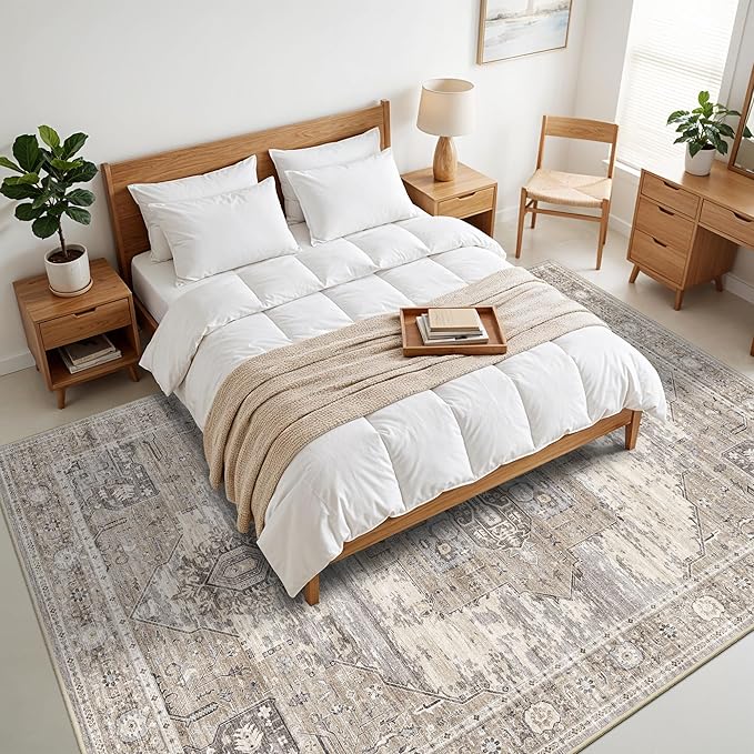 Washable 9x13 Large Living Room Rugs, Vintage Oriental Low Pile Soft Rugs Indoor Non Slip & Non-Shedding Carpets for Bedroom/Dining Room/Office Farmhouse Distressed Home Decor Floor Mat (9x13 Beige)