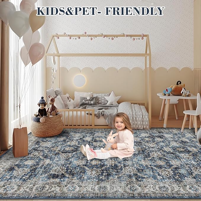 GarveeHome Vintage Rug 4x6 Floral Print Area Rug for Living Room Washable Non Slip Farmhouse Distressed Indoor Carpet Foldable Low Pile Soft Accent Throw Rug for Bedroom Home Nursery, Blue