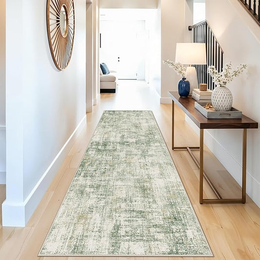 3x10 Ft Long Wide Hallway Runner Rug – Non-Slip Washable Wide Kitchen Runner, Low-Pile Thin Modern Abstract Floor Rug for Indoor Entryway, Bedroom, Living Room (Sage Green)