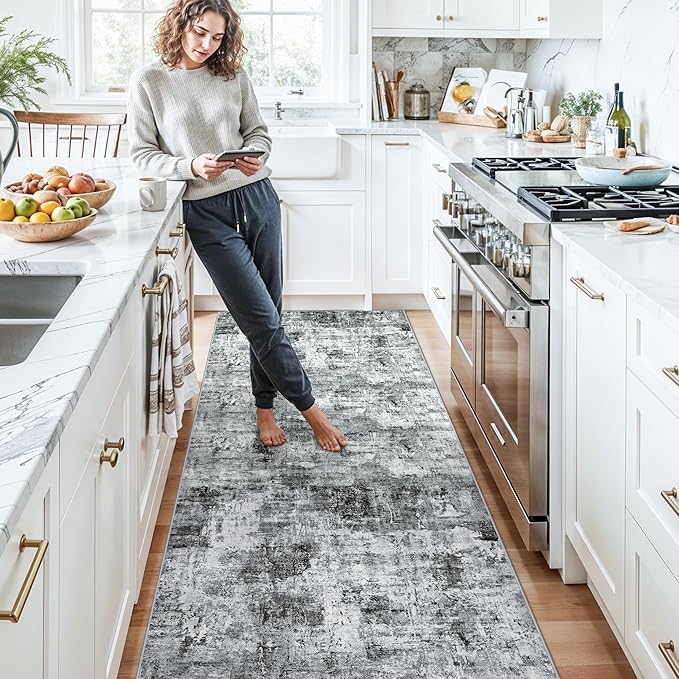 3x15 Ft Long Hallway Runner Rug - Non-Slip Washable Kitchen Runner Rug with Rubber Backing | Modern Abstract Wide Floor Carpet Runner for Indoor Entryway, Bedroom, Living Room（Grey）
