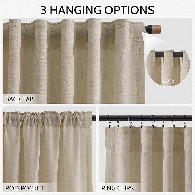 Eggshell Beige Linen 112 Inch Curtains for Living Room Light Filtering Semi Sheer Curtain Back Tab Rustic Farmhouse Decor Burlap Elegant Drapes Floor to Ceiling High Window for Bedroom 52x112,2 Panels
