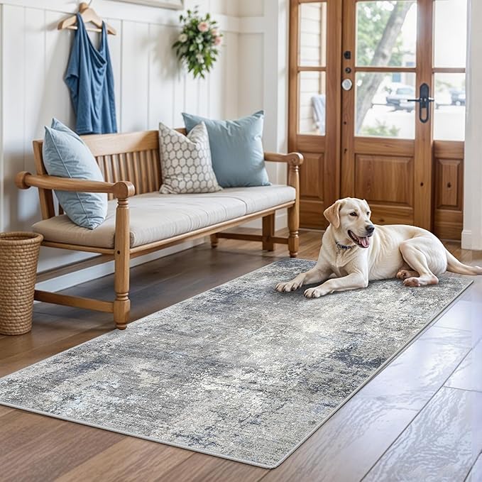 3x5 Washable Entryway Rug – Non-Slip Rubber Backed Small Area Rug for Kitchen, Bedroom, Living Room, Office – Soft Low-Pile Thin Modern Abstract Neutral Throw Rug （Blue Gray,3x5）