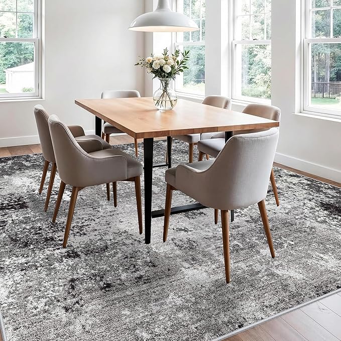 10x10 ft Square Living Room Rug – Washable Modern Abstract Area Rug for Bedroom, Dining Room, Playroom – Neutral Non-Slip Low-Pile Thin Indoor Carpet (Black Grey,10x10)