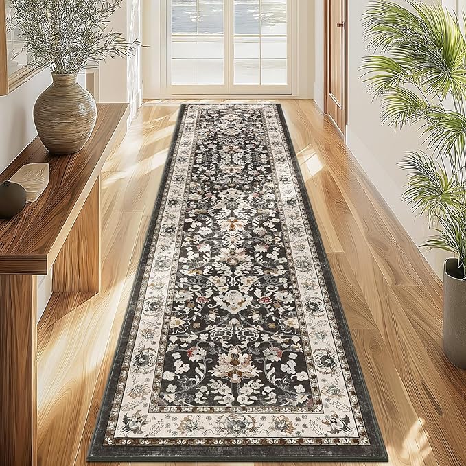 LOKHOM Washable Runner Rug, 2x8 Non Slip Vintage Hallway Runner Rug with Rubber Backing, Boho Floral Soft Faux Wool Kitchen Rug Carpet Runner for Kitchen Laundry Entryway Bedroom (Black)