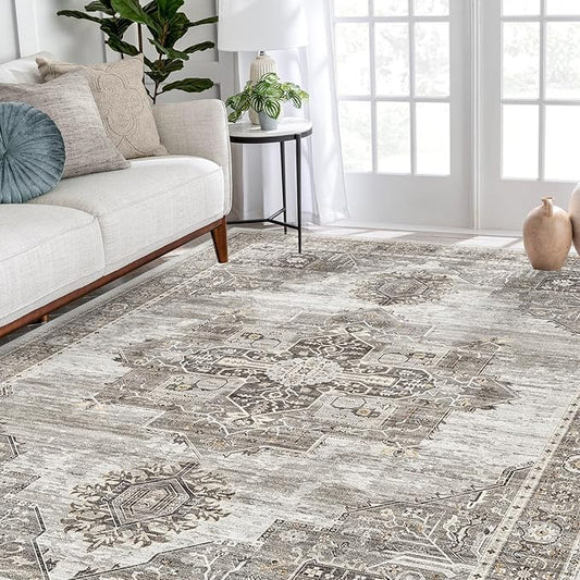 RUUGME Washable 5x7 Area Rugs - Large Rugs for Living Room Stain Resistant Carpet Vintage Rugs for Bedroom with Non Slip Backing Home Decor Floor Decoration Mat (5x7 Grey)