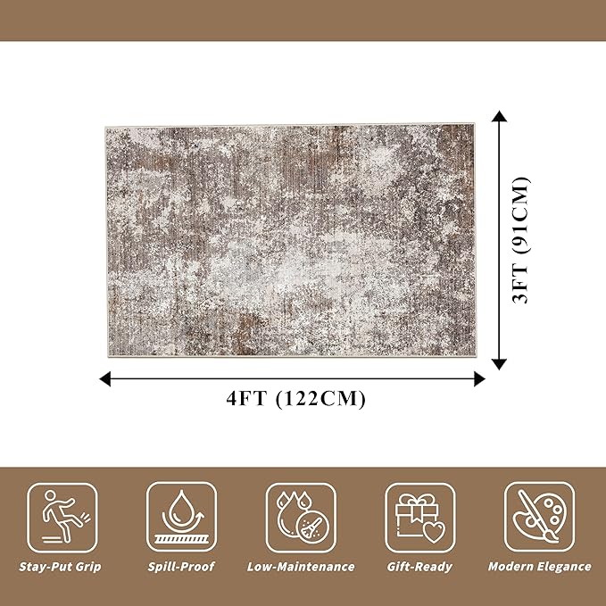 3x4 Washable Entryway Rug – Non-Slip Modern Abstract Small Area Rug for Kitchen, Bedroom, Bathroom – Soft Low-Pile Thin Indoor Door Mat (Brown Beige, 3x4)