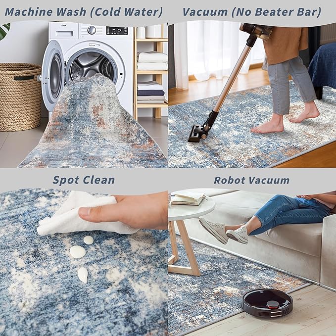 3x10ft Washable Hallway Runner Rug - Non Slip Modern Wide Carpet for Kitchen Entryway Bathroom with Rubber Backing,Low Pile Thin Long Floor Runner Indoor（Blue Rust,3x10）
