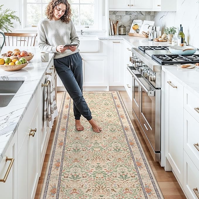 3x15 Ft Long Hallway Runner Rug - Non-Slip Washable Kitchen Runner Rug with Rubber Backing | Botanical Vintage Florals Wide Floor Carpet Runner for Indoor Entryway, Bedroom, Living Room Cream, 3x15