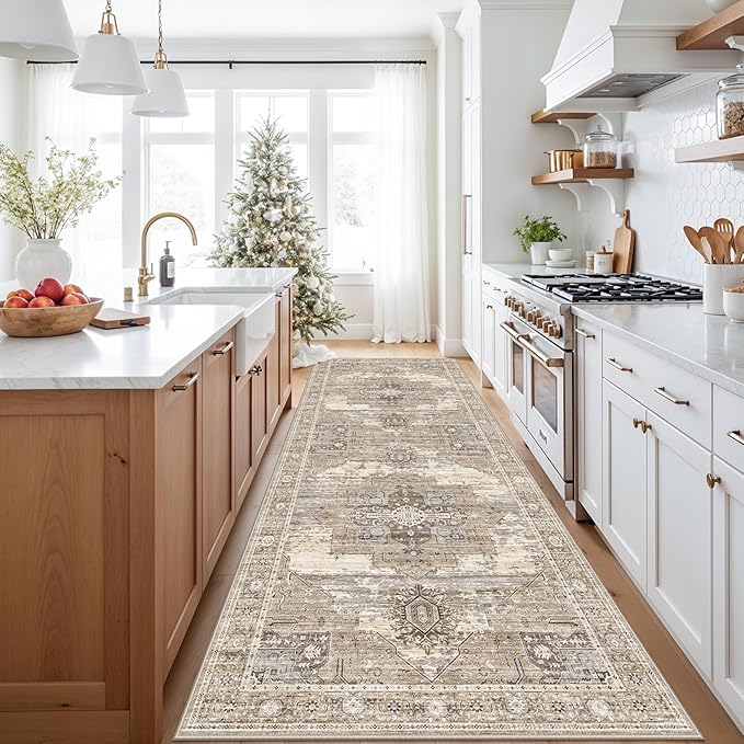 RUUGME Oriental Rug Hallway 4x10 - Washable Runner Rug Soft Stain Resistant Carpet for Kitchen entryway Vintage Decor Ultra-Thin Rugs with Non Slip Backing Perfect for RV Owners&Van Lifers 4X10 Beige