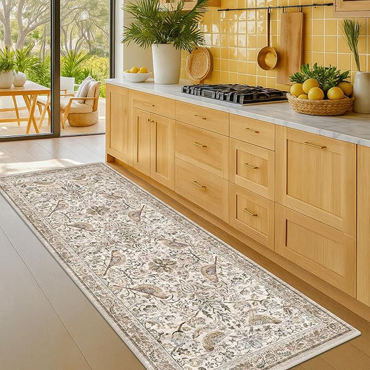 Vintage 2x6 Washable Runner Rugs for Kitchen, Bedside Rug for Bedroom, Entryway, Hallway, Non Slip Moss Bathroom Carpet, Traditional Home Décor with Floral Bird Pattern (Moss)