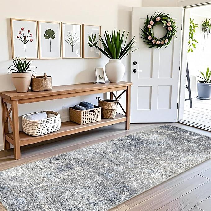 3x8 Washable Hallway Runner – Non-Slip Abstract Modern Neutral Wide Carpet Runner for Kitchen Floor, Entryway, Bedroom, Living Room – Soft Low-Pile Thin Rubber Backing（Blue Gray,3x8）