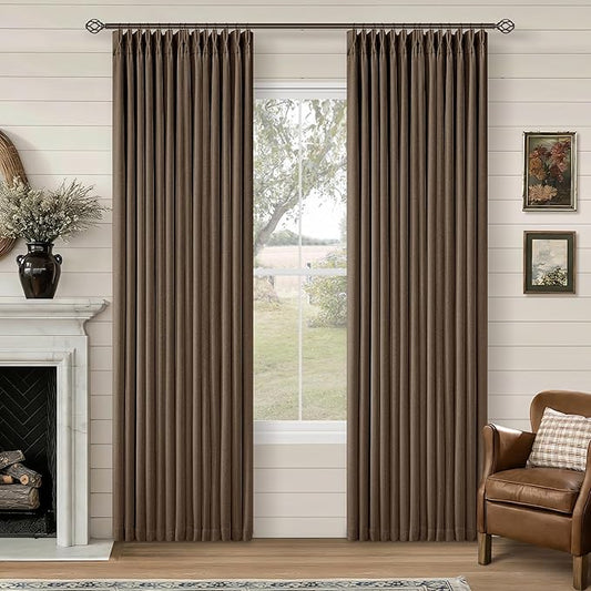 Latte Pleated Linen Blackout Curtains 84 Inches Long for Bedroom Living Room Pinch Pleat Black Out Thermal Insulated Ring Hooks Back Tab Room Darkening Drapes Light Brown Curtains with Liner