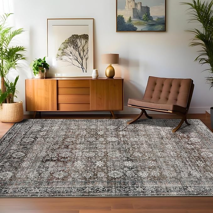 GarveeHome Area Rugs 4x6 Vintage Printed Floor Carpet with Non-Slip Backing, Stain-Resistant Oriental Throw Rugs, Washable Farmhouse Low Pile Rugs for Living Room, Bedroom, Office, Red Green