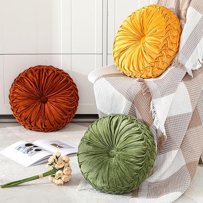 Drydiet 1 Pcs Round Throw Velvet Pillows Decorative Pleated Throw Pillows 15'' Diameter Accent Pumpkin Boho Chair Cushion for Couch Sofa Home Decoration (Yellow)