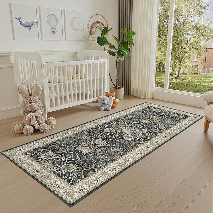 2x6 Washable Kitchen Runner Rug, Non Slip Vintage Runner Rugs for Hallway, Ultra-Thin Low Pile Distressed Kitchen Rugs Non Skid, Machine Washable Laundry Entryway Indoor Carpet,Black