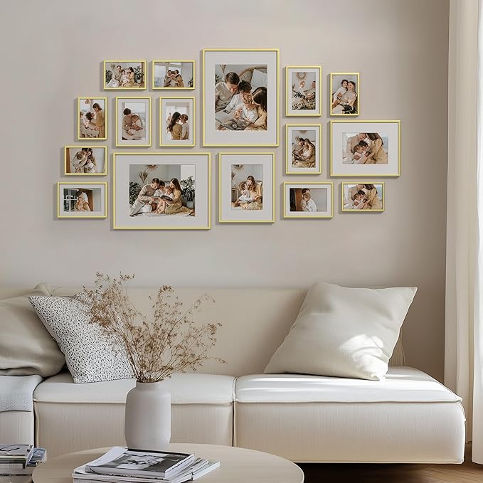 eletecpro Aluminum Gallery Wall Frame Set of 16, Including 2Pcs 11x14, 2Pcs 8x10, 6Pcs 5x7, 6Pcs 4x6 Photo Frames for Wall or Tabletop Display, Multiple Sizes Picture Frames Collage Wall Decor, Gold