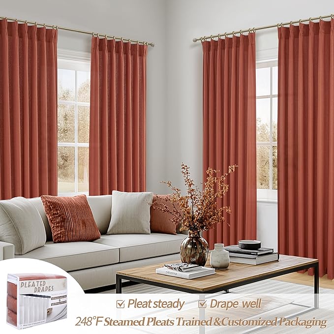 Pinch Pleated Burnt Orange Semi Sheer Curtains 102 Inches Long 2 Panels Set for Dining Room, Petty Natural Thick Linen Light Filtering Triple Pleat Aesthetic Curtain with Back Tab 40"W x 102"L Length