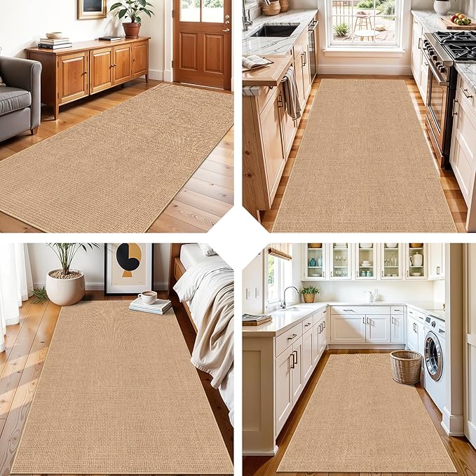3x6 Kitchen Runner Rug Washable Non Slip: Solid Color Pattern Faux Jute Rug - Thin Easy Clean Indoor Farmhouse - Boho Rugs for Entryway Kitchen Hallway Bedroom Modern Home Decor Mat (Beige,3x6)