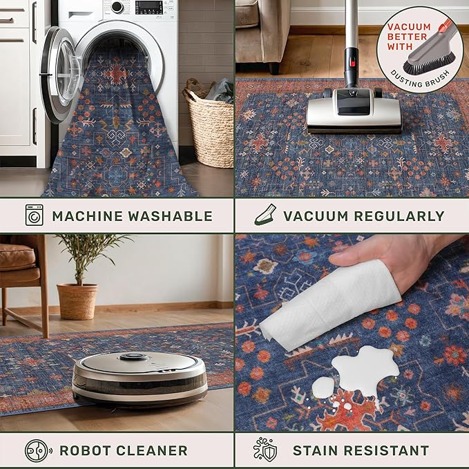 Hazo Haus Navy Blue Area Rug 5x7 Living Room Rug - Machine Washable Rugs for Bedroom, Dining Room, Kitchen Floor, Small Office, Low Pile Non-Slip Rubber Backing & Stain Resistance