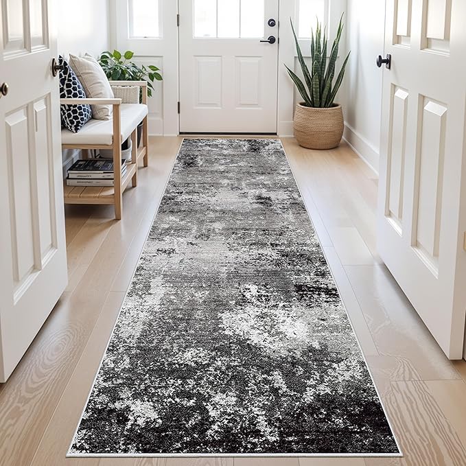 3x8 Washable Hallway Runner – Non-Slip Abstract Modern Neutral Wide Carpet Runner for Kitchen Floor, Entryway, Bedroom, Living Room – Soft Low-Pile Thin Rubber Backing（Black Grey,3x8）