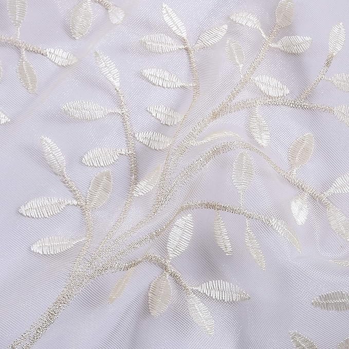 DONREN Luxury Beige Sheer Curtains for Living Room - Leaf Embroidery Sheer Curtain Panels for Bedroom (W 52 x L 96 Inch,2 Panels)