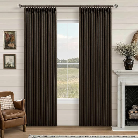 Chocolate Brown Pleated Linen Blackout Curtains 86 Inches Long for Bedroom Living Room Pinch Pleat Black Out Thermal Insulated Ring Hooks Back Tab Room Darkening Drapes Curtains with Liner 40x86