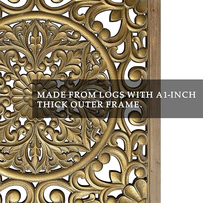 XIAOAIKA Boho Carved Wood Wall Sculpture, Intricate Floral Mandala Design with Distressed Gold Finish, Vintage Farmhouse Wall Art Panel with Solid Wood Frame for Bedroom Entryway (22.5" x 22.5")
