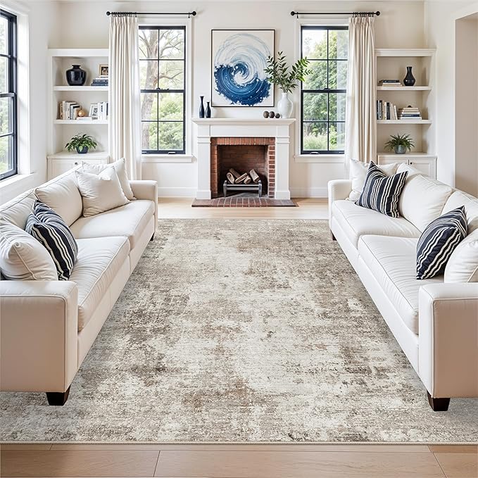 8x8 Square Area Rug Living Room – Non-Slip Washable Large Floor Carpet for Bedroom Dining Room Playroom Room – Modern Abstract Neutral Thin Low-Pile Big Indoor Rug (Beige Grey, 8ft)