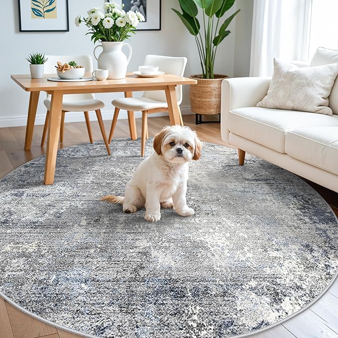 Round Area Rug 6ft Washable - Non-Slip Circle Rug for Living Room Kitchen Table,Dining Room,Bedroom - Modern Abstract Neutral Low Pile Soft Circular Carpet (Blue Gray,6x6)