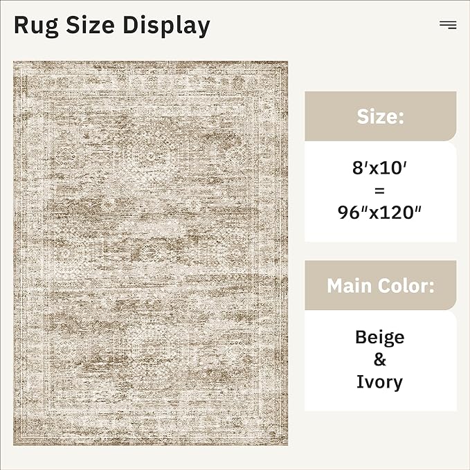 Soalmost Washable Area Rug 8x10, Large Soft Rugs for Living Room Vintage Area Rugs for Bedroom Dining Room Non-Slip Stain Resistant Brown Under Table Rug
