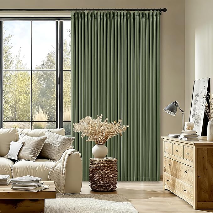 86 Inch Olive Green Pleated Blackout Curtains 2 Panels Set for Bedroom Living Room Darkening 100% Black Out Memory Trained Farmhouse Rustic Farmhouse Pinch Pleat Linen Window Curtains 86 Inch Length