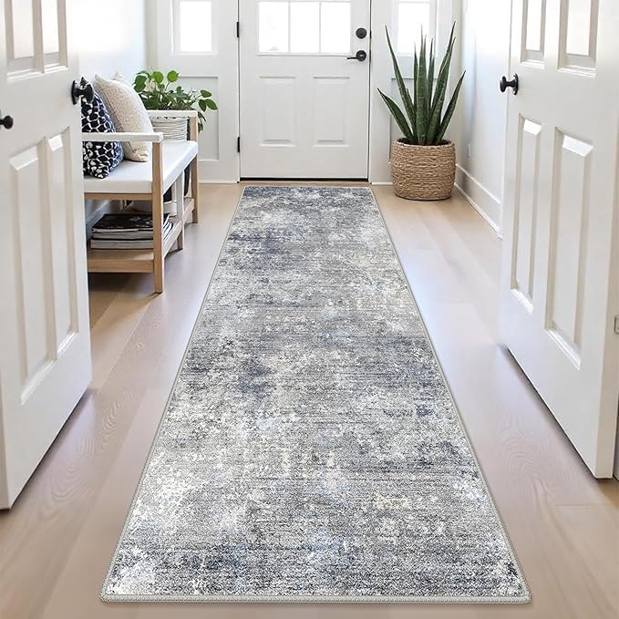 3x8 Washable Hallway Runner – Non-Slip Abstract Modern Neutral Wide Carpet Runner for Kitchen Floor, Entryway, Bedroom, Living Room – Soft Low-Pile Thin Rubber Backing（Blue Gray,3x8）