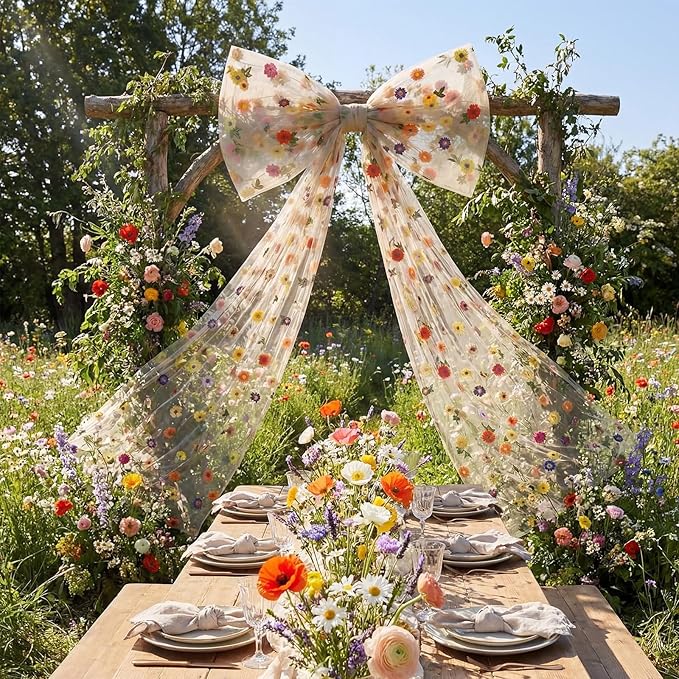 Canlierr Extra Large Embroidery Floral Tulle Bow Decorations 39 x 59 Inch Giant Champagne Organza Bow with Tie and Long Ribbon Tails for Spring Wedding Backdrop Coquette Room Wall Decoration
