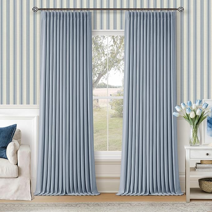 Blue 96 Inch Blackout Pinch Pleated Curtains 2 Panel Set for Living Room Darkening Thick Linen Textured 100% Black Out Drapes 96 Inches Long Pinch Pleat Light Blocking Bedroom Dusty Sky Ice Blue