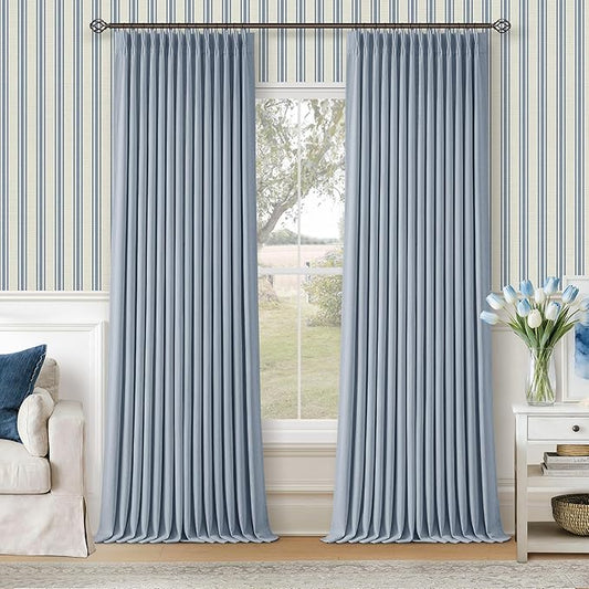 Blue 96 Inch Blackout Pinch Pleated Curtains 2 Panel Set for Living Room Darkening Thick Linen Textured 100% Black Out Drapes 96 Inches Long Pinch Pleat Light Blocking Bedroom Dusty Sky Ice Blue